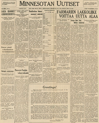Minnesotan Uutisten ensimmäisen numeron etusivu syyskuun 23. päivänä vuonna 1932.<br /><br />Kuvaa klikkaamalla aukeaa etusivun suurempi kuva (3,4 MB) uuteen selaimen ikkunaan.