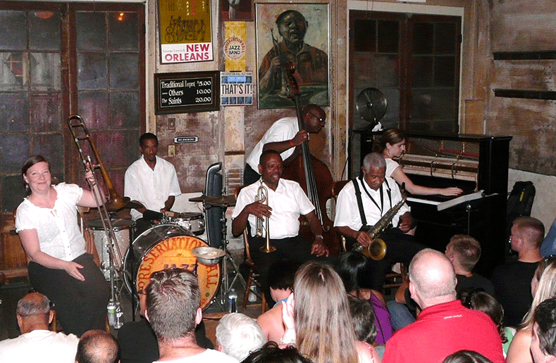 Leroy Jones (with trumpet) and his band in Preservation Hall. Toivola is at the far left.